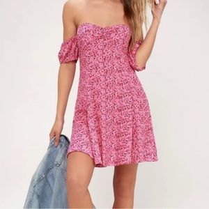 Maybel Hot Pink Floral Print Off the Shoulder Dress